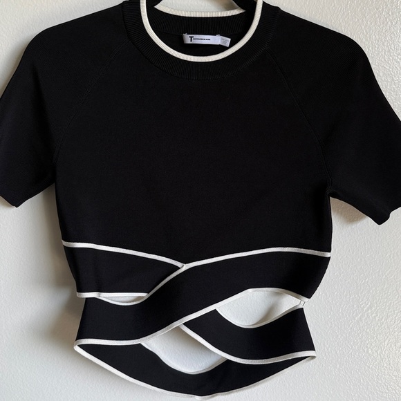 T by Alexander Wang Crisscross Knit Crop Top, Black White, Large, Criss Cross - Picture 9 of 12